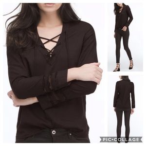AG Adriano Goldschmied NWT Bliss Lace Inset Cotton Blouse Black Size XS